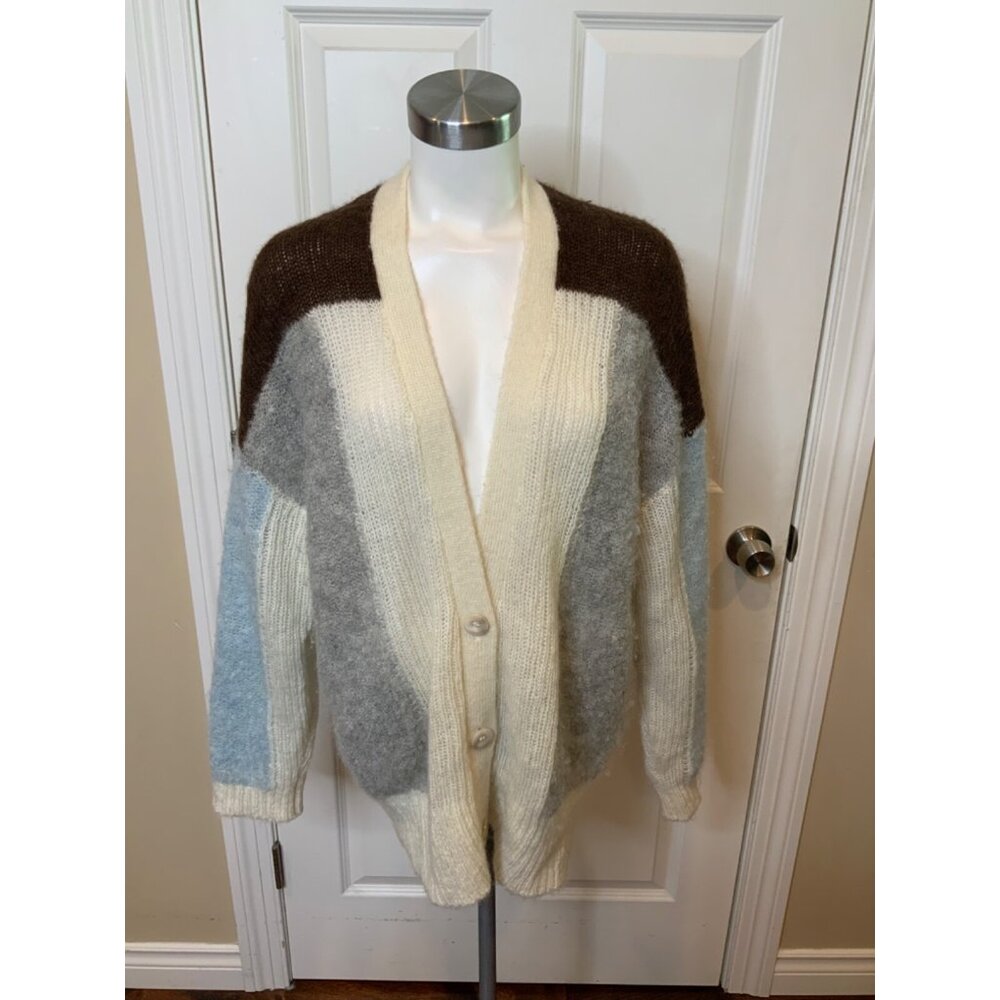 Lewit Gray Blue Cream & Brown Color Block Loose Knit Button-Up Cardigan, Size S